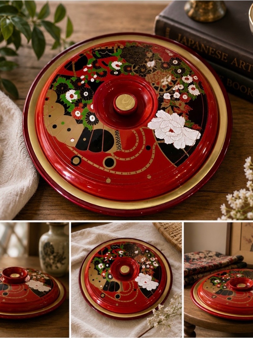 Unique Vintage Red and Gold Floral Lacquered Serving Bowl Lid
